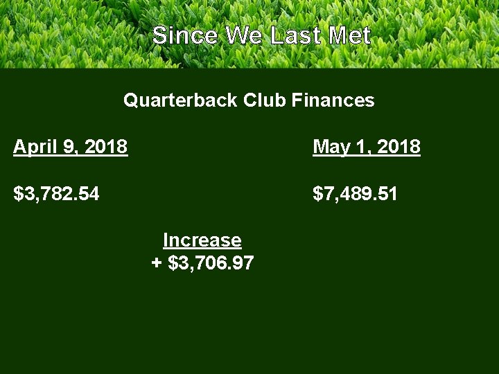 Since We Last Met Quarterback Club Finances April 9, 2018 May 1, 2018 $3,