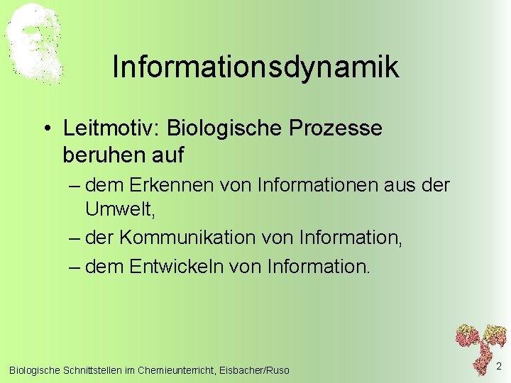 Informationsdynamik • Leitmotiv: Biologische Prozesse beruhen auf – dem Erkennen von Informationen aus der