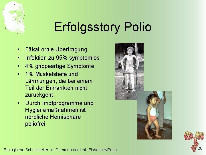 Erfolgsstory Polio • • Fäkal-orale Übertragung Infektion zu 95% symptomlos 4% grippeartige Symptome 1%