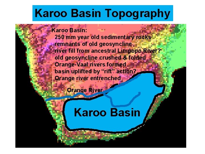 Karoo Basin Topography Karoo Basin: 250 mm year old sedimentary rocks remnants of old