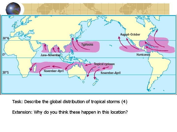 Task: Describe the global distribution of tropical storms (4) Extension: Why do you think