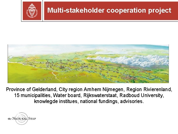 Multi-stakeholder cooperation project Province of Gelderland, City region Arnhem Nijmegen, Region Rivierenland, 15 municipalities,