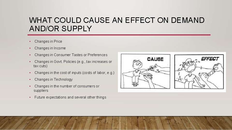 WHAT COULD CAUSE AN EFFECT ON DEMAND AND/OR SUPPLY • Changes in Price •