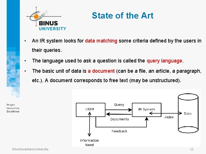 State of the Art • An IR system looks for data matching some criteria