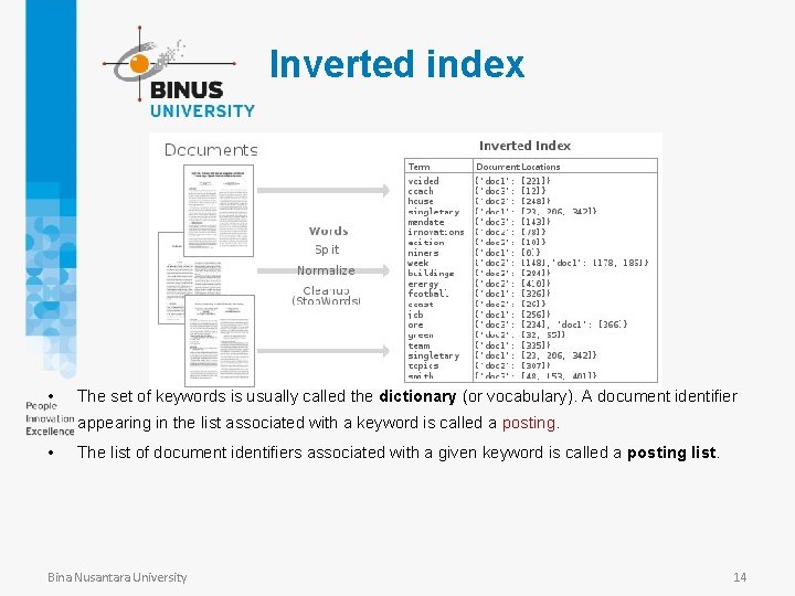 Inverted index • The set of keywords is usually called the dictionary (or vocabulary).