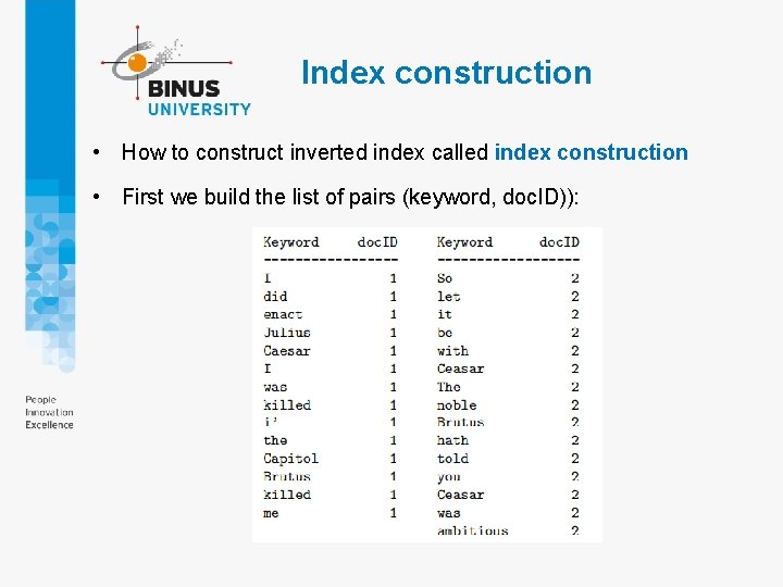 Index construction • How to construct inverted index called index construction • First we