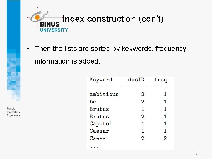 Index construction (con’t) • Then the lists are sorted by keywords, frequency information is