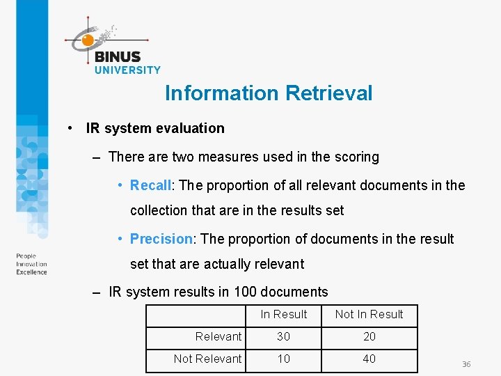 Information Retrieval • IR system evaluation – There are two measures used in the