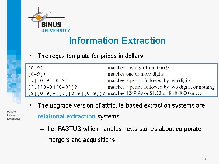Information Extraction • The regex template for prices in dollars: • The upgrade version