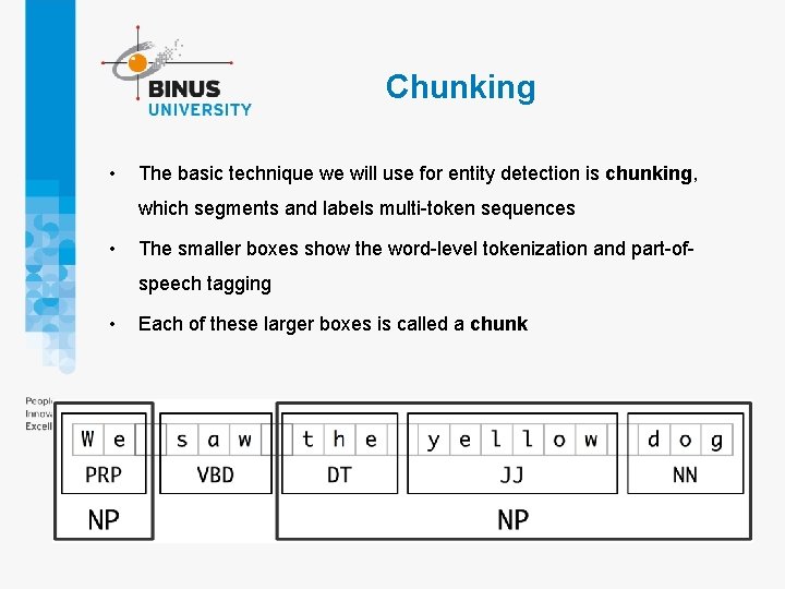 Chunking • The basic technique we will use for entity detection is chunking, which