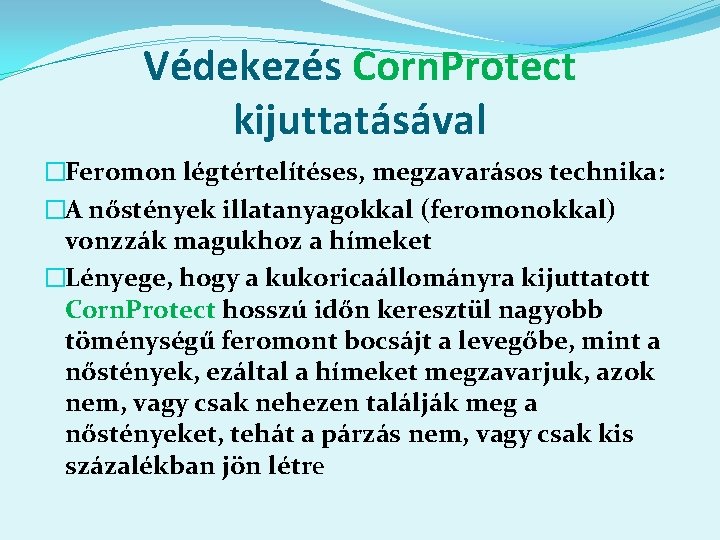 Védekezés Corn. Protect kijuttatásával �Feromon légtértelítéses, megzavarásos technika: �A nőstények illatanyagokkal (feromonokkal) vonzzák magukhoz