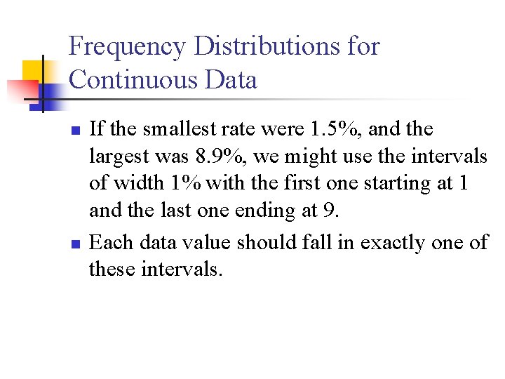 Frequency Distributions for Continuous Data n n If the smallest rate were 1. 5%,