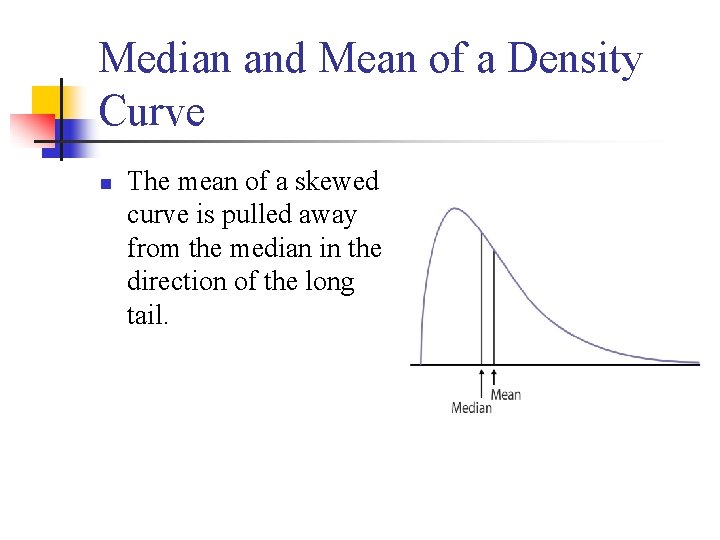 Median and Mean of a Density Curve n The mean of a skewed curve