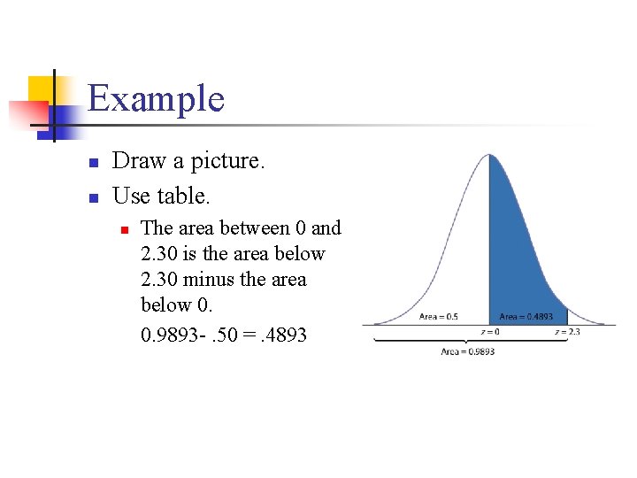 Example n n Draw a picture. Use table. n The area between 0 and