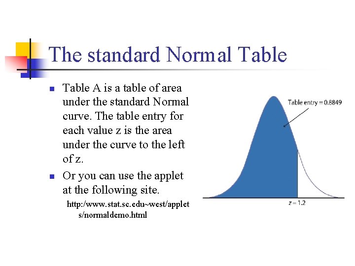 The standard Normal Table n n Table A is a table of area under