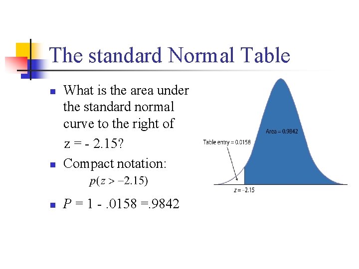 The standard Normal Table n What is the area under the standard normal curve