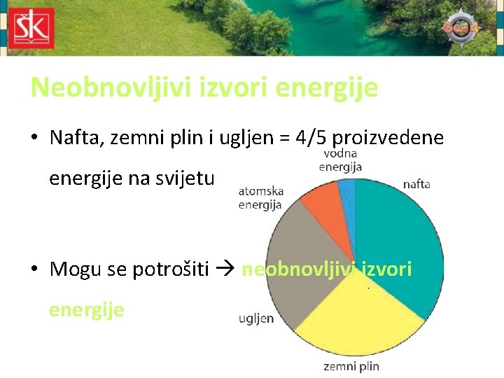 Neobnovljivi izvori energije • Nafta, zemni plin i ugljen = 4/5 proizvedene energije na