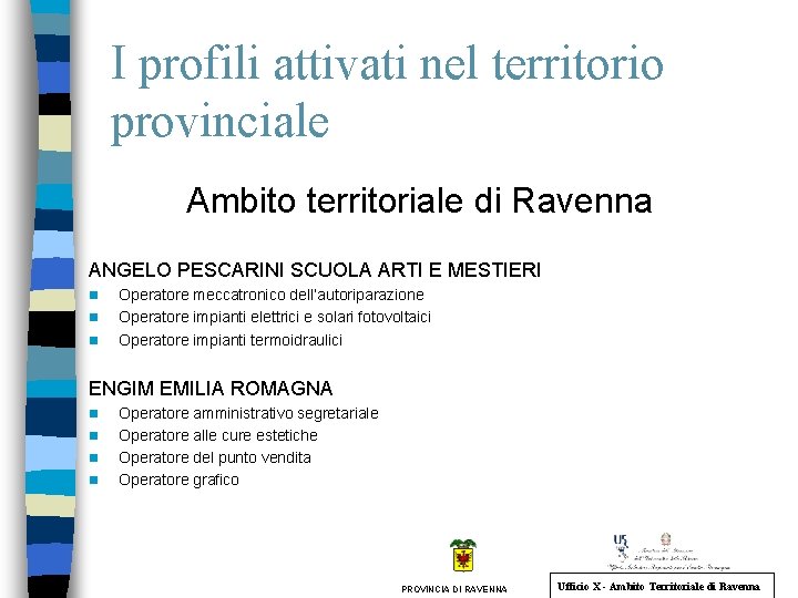 I profili attivati nel territorio provinciale Ambito territoriale di Ravenna ANGELO PESCARINI SCUOLA ARTI