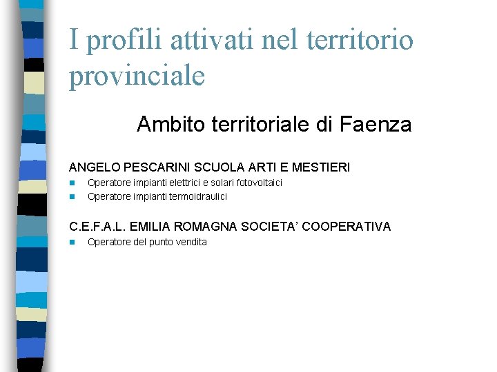 I profili attivati nel territorio provinciale Ambito territoriale di Faenza ANGELO PESCARINI SCUOLA ARTI