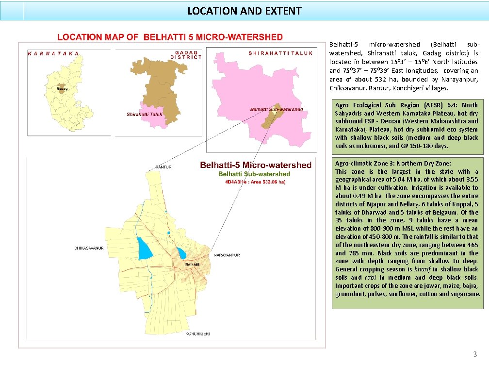 LOCATION AND EXTENT Belhatti-5 micro-watershed (Belhatti subwatershed, Shirahatti taluk, Gadag district) is located in