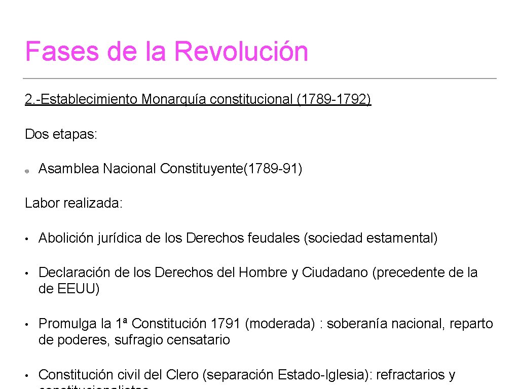 Fases de la Revolución 2. -Establecimiento Monarquía constitucional (1789 -1792) Dos etapas: Asamblea Nacional