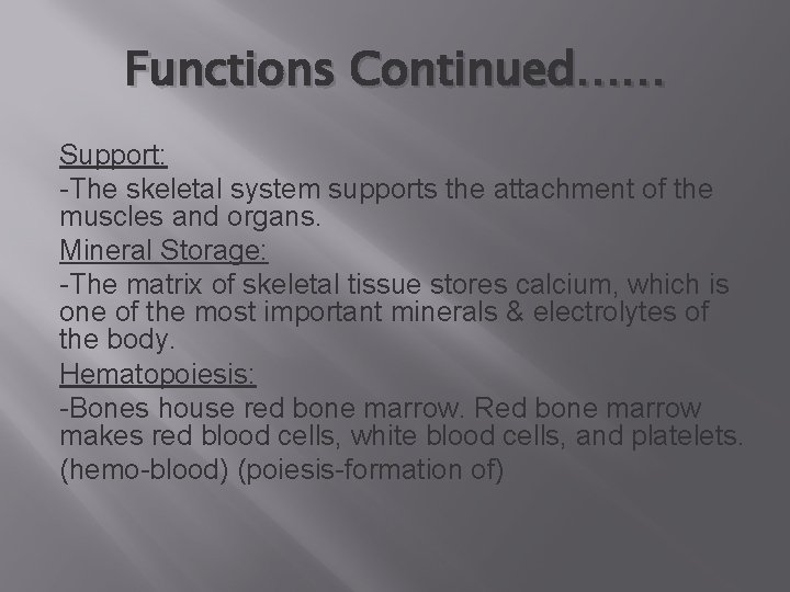 Functions Continued…… Support: -The skeletal system supports the attachment of the muscles and organs.