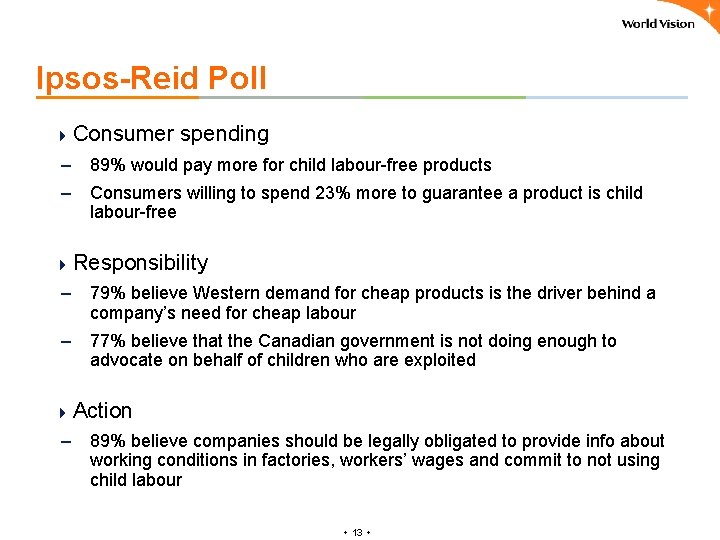 Ipsos-Reid Poll 4 Consumer spending – 89% would pay more for child labour-free products