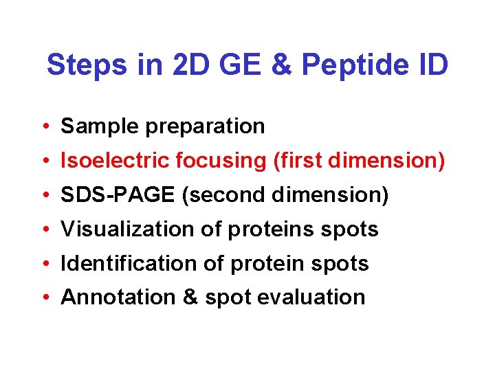 Steps in 2 D GE & Peptide ID • Sample preparation • Isoelectric focusing