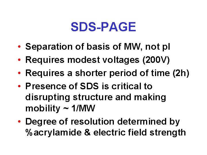 SDS-PAGE • • Separation of basis of MW, not p. I Requires modest voltages