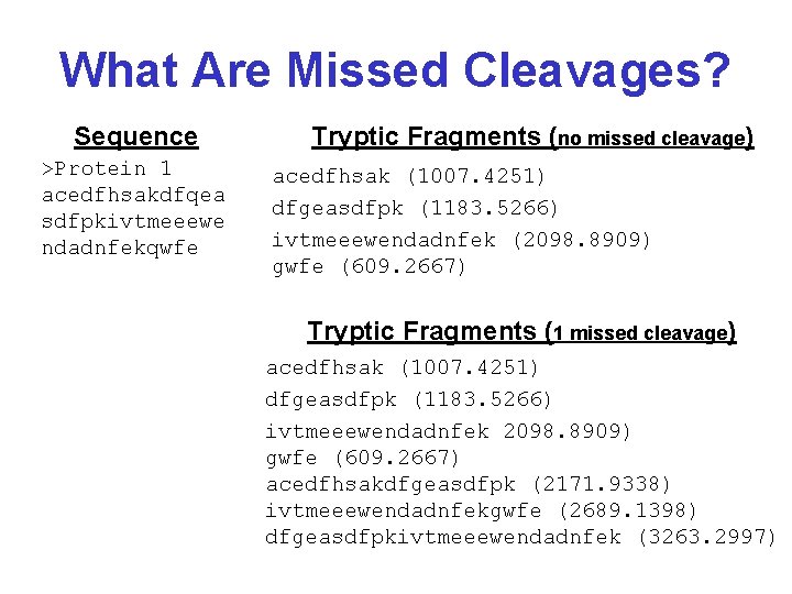 What Are Missed Cleavages? Sequence >Protein 1 acedfhsakdfqea sdfpkivtmeeewe ndadnfekqwfe Tryptic Fragments (no missed