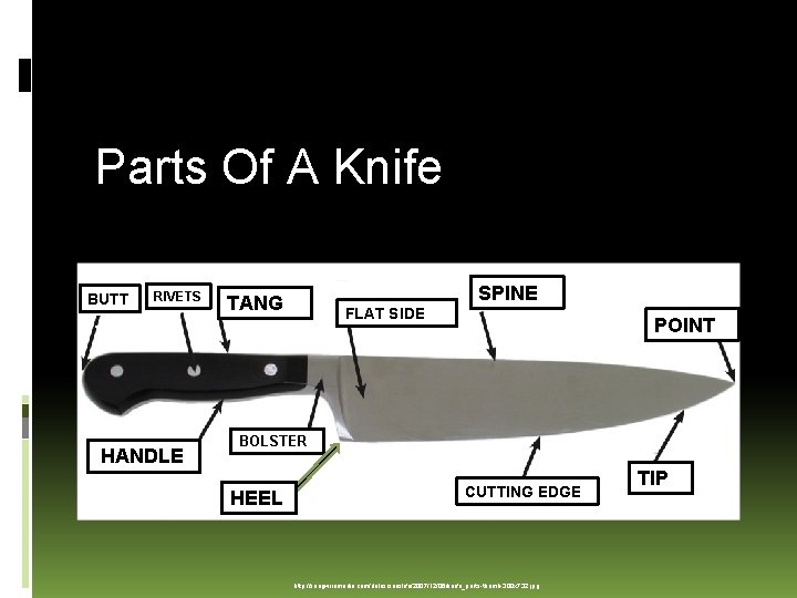 Parts Of A Knife BUTT BUT T RIVETS HANDLE SPINE TANG FLAT SIDE POINT