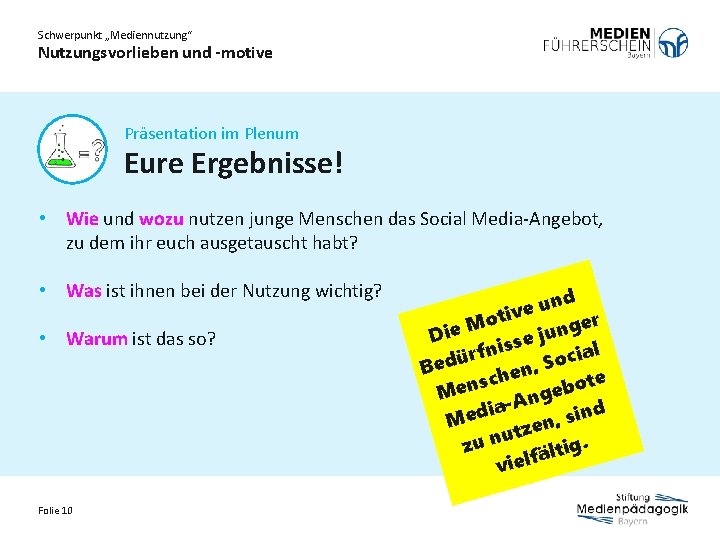 Schwerpunkt „Mediennutzung“ Nutzungsvorlieben und -motive Präsentation im Plenum Eure Ergebnisse! • Wie und wozu