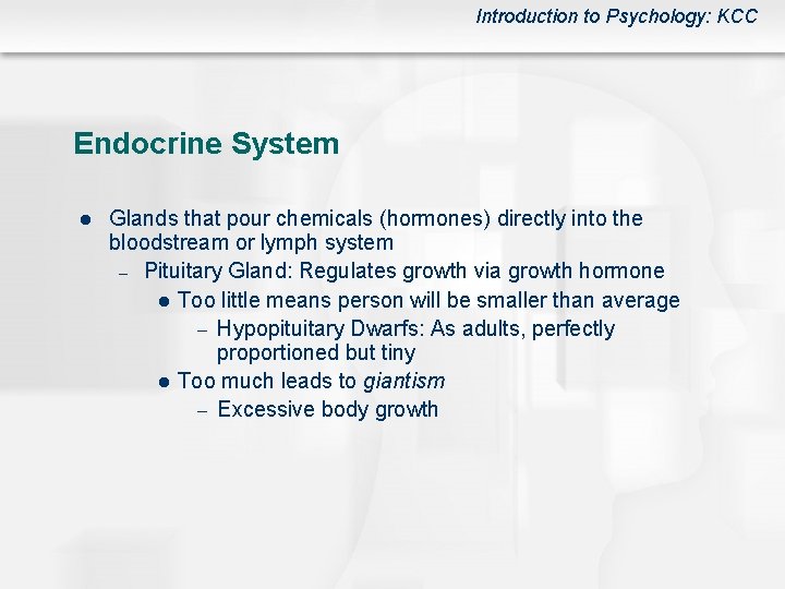 Introduction to Psychology: KCC Endocrine System l Glands that pour chemicals (hormones) directly into