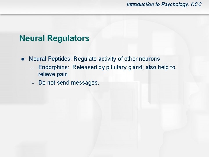 Introduction to Psychology: KCC Neural Regulators l Neural Peptides: Regulate activity of other neurons
