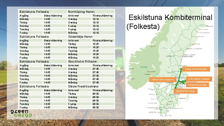 Eskilstuna Folkesta Norrköping Hamn Avgång Måndag Tisdag Onsdag Torsdag Fredag Ankomst Onsdag Fredag Måndag