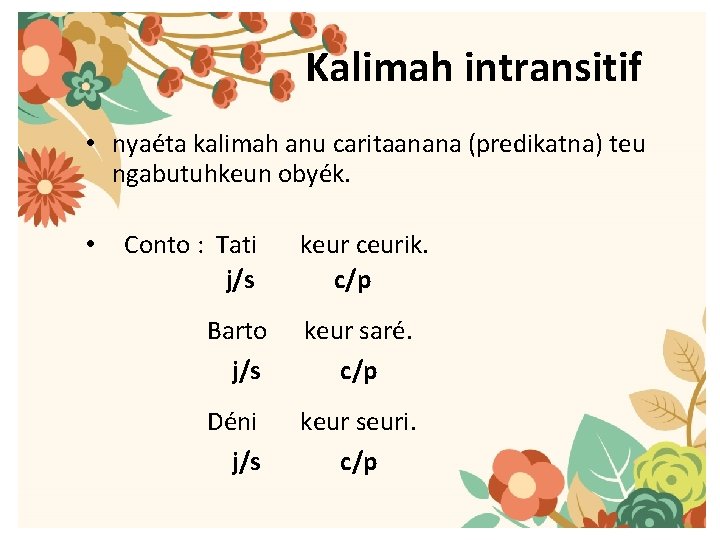 Kalimah intransitif • nyaéta kalimah anu caritaanana (predikatna) teu ngabutuhkeun obyék. • Conto :