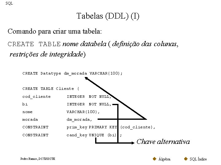 SQL Tabelas (DDL) (I) Comando para criar uma tabela: CREATE TABLE nome databela (