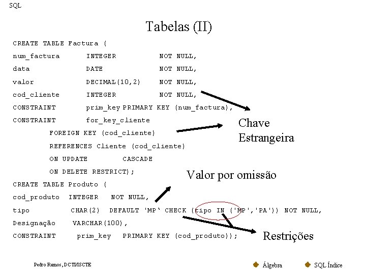 SQL Tabelas (II) CREATE TABLE Factura ( num_factura INTEGER NOT NULL, data DATE NOT