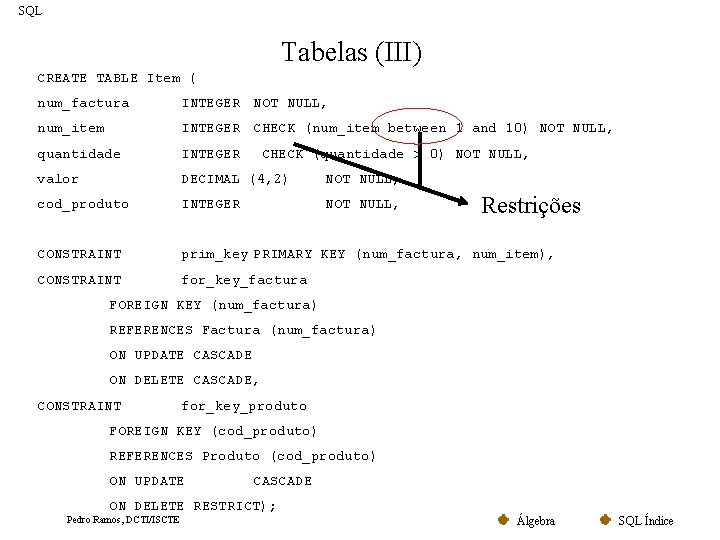 SQL Tabelas (III) CREATE TABLE Item ( num_factura INTEGER NOT NULL, num_item INTEGER CHECK