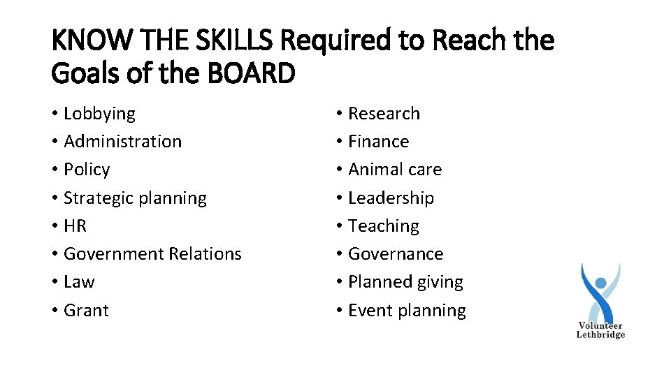 KNOW THE SKILLS Required to Reach the Goals of the BOARD • Lobbying •