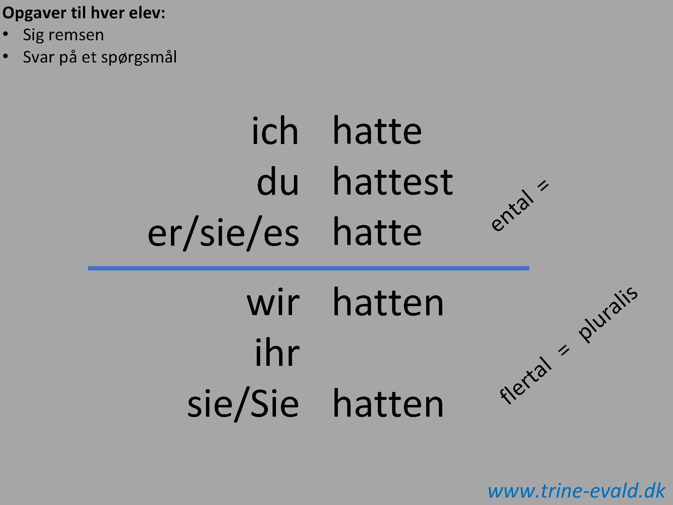 Opgaver til hver elev: • Sig remsen • Svar på et spørgsmål ich hatte