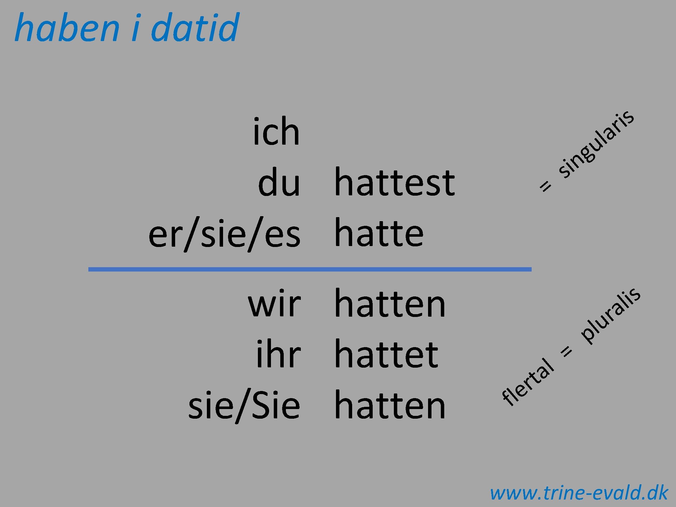 haben i datid ich du hattest er/sie/es hatte wir hatten ihr hattet sie/Sie hatten