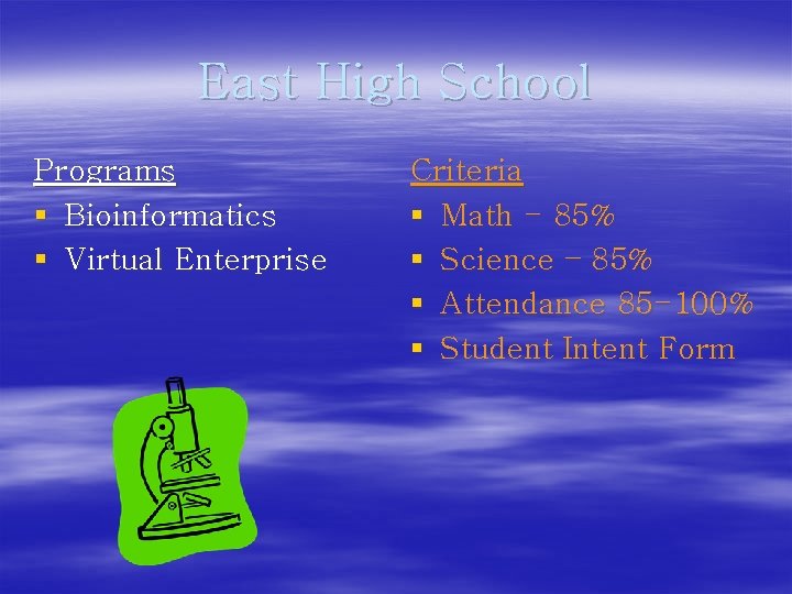 East High School Programs § Bioinformatics § Virtual Enterprise Criteria § Math - 85%