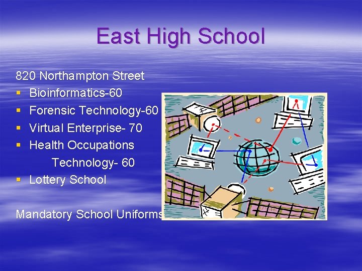 East High School 820 Northampton Street § Bioinformatics-60 § Forensic Technology-60 § Virtual Enterprise-