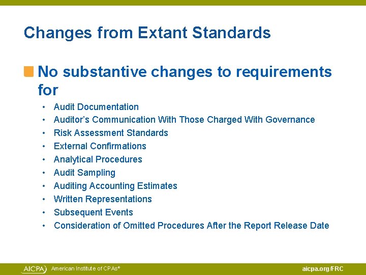 Changes from Extant Standards No substantive changes to requirements for • • • Audit