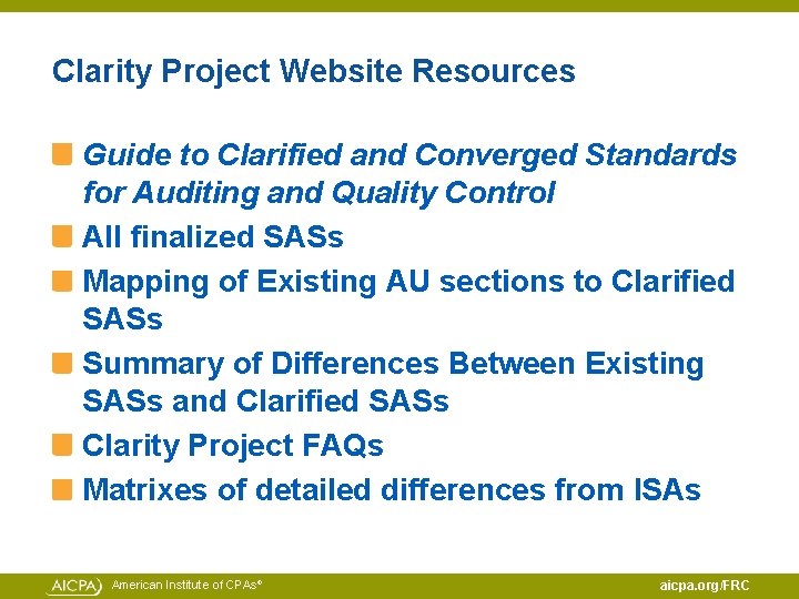 Clarity Project Website Resources Guide to Clarified and Converged Standards for Auditing and Quality