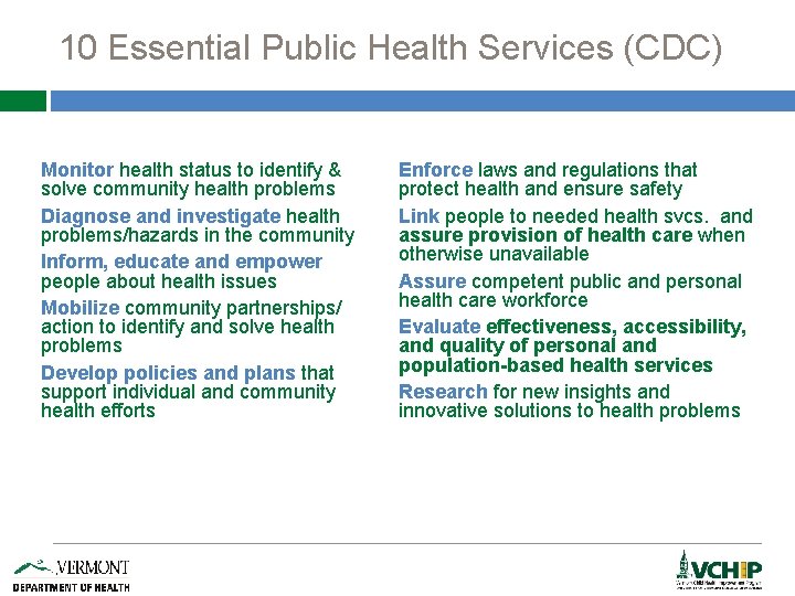 10 Essential Public Health Services (CDC) Monitor health status to identify & solve community