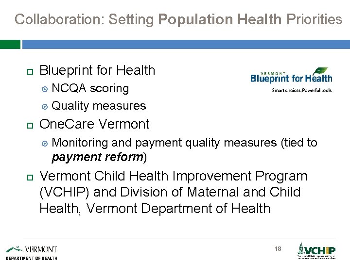 Collaboration: Setting Population Health Priorities Blueprint for Health NCQA scoring Quality measures One. Care