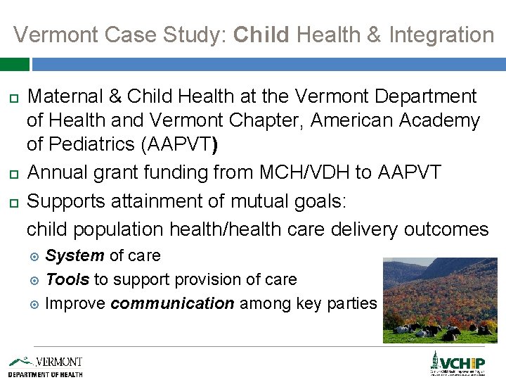 Vermont Case Study: Child Health & Integration Maternal & Child Health at the Vermont