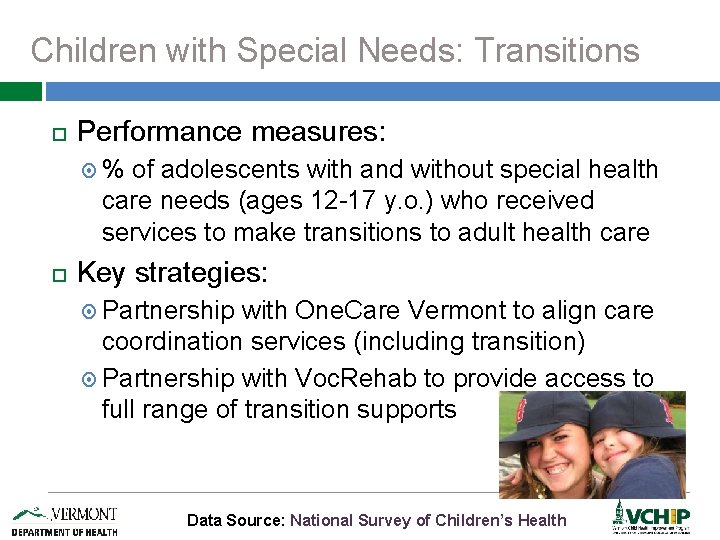 Children with Special Needs: Transitions Performance measures: % of adolescents with and without special